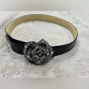 Elegant Black Belt with Silver Rose Accent